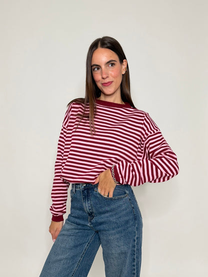 Maglia mille righe fit in morbida viscosa manica lunga rosa india