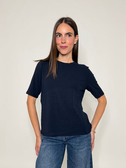 Maglia girocollo basic in viscosa e cotone blu navy