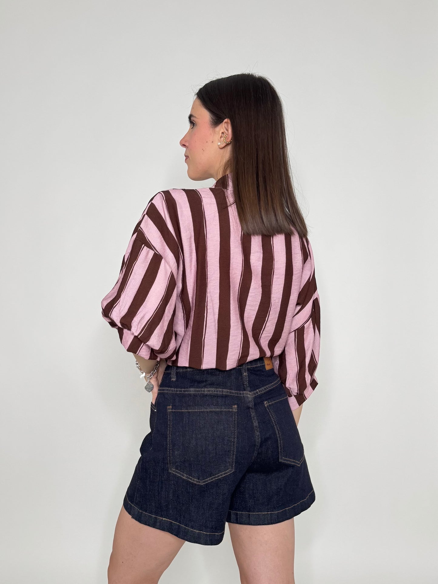 Camicia a righe cioccolato/rosa