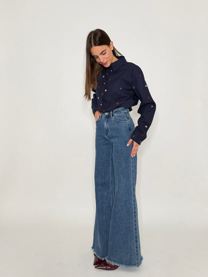 Jeans Wide Leg vita alta sfrangiato in Denim Blu