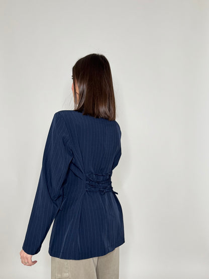 Giacca gessata doppiopetto intreccio Blu Navy