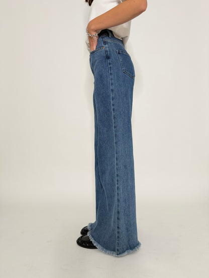 Jeans Wide Leg vita alta sfrangiato in Denim Blu