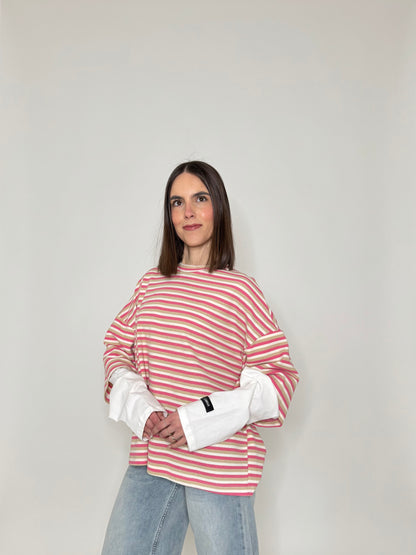 T-shirt in cotone a righe doppia manica - Lumina