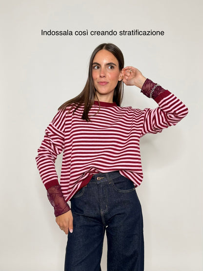 Maglia mille righe fit in morbida viscosa manica lunga rosa india