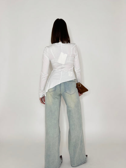 Maglia girocollo in cotone asimmetrica Bianco - Lumina