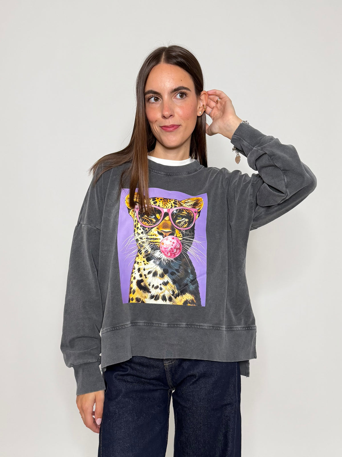 Felpa in Cotone con stampa base lilla grigio mélange