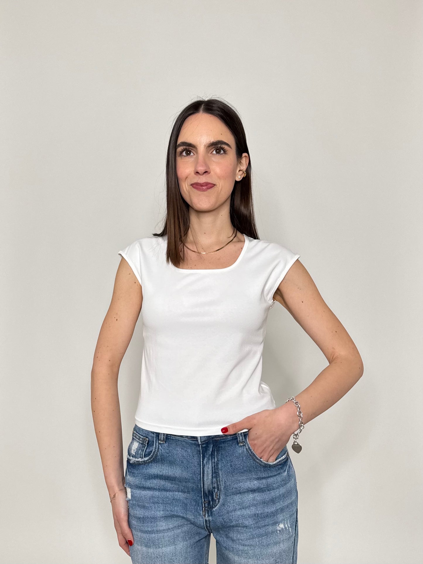 T-shirt scollo quadrato in cotone Bianco