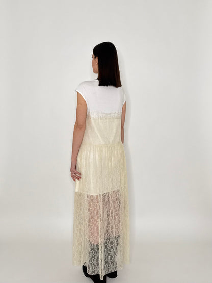 Abito lungo pizzo in cotone Crema/Bianco