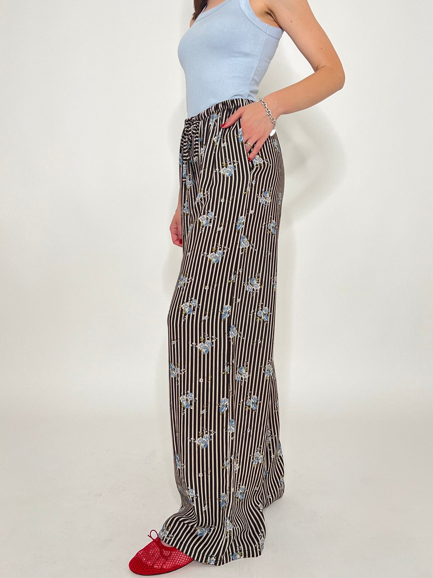 Pantalone in fantasia misto lino e viscosa Cioccolato