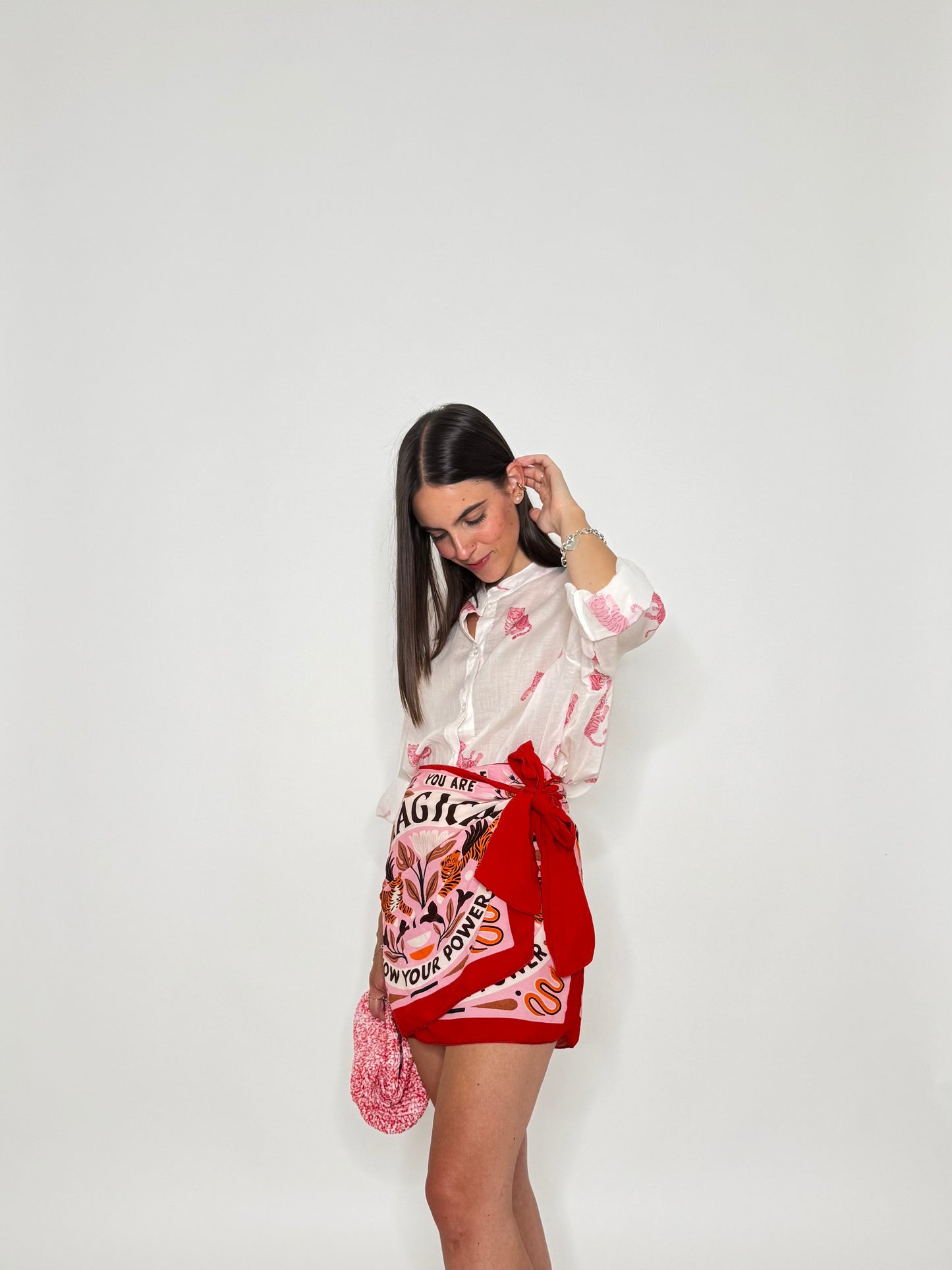 Gonna pareo mini in fresca viscosa tigre rosa/rosso