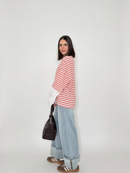 T-shirt in cotone a righe doppia manica - Lumina
