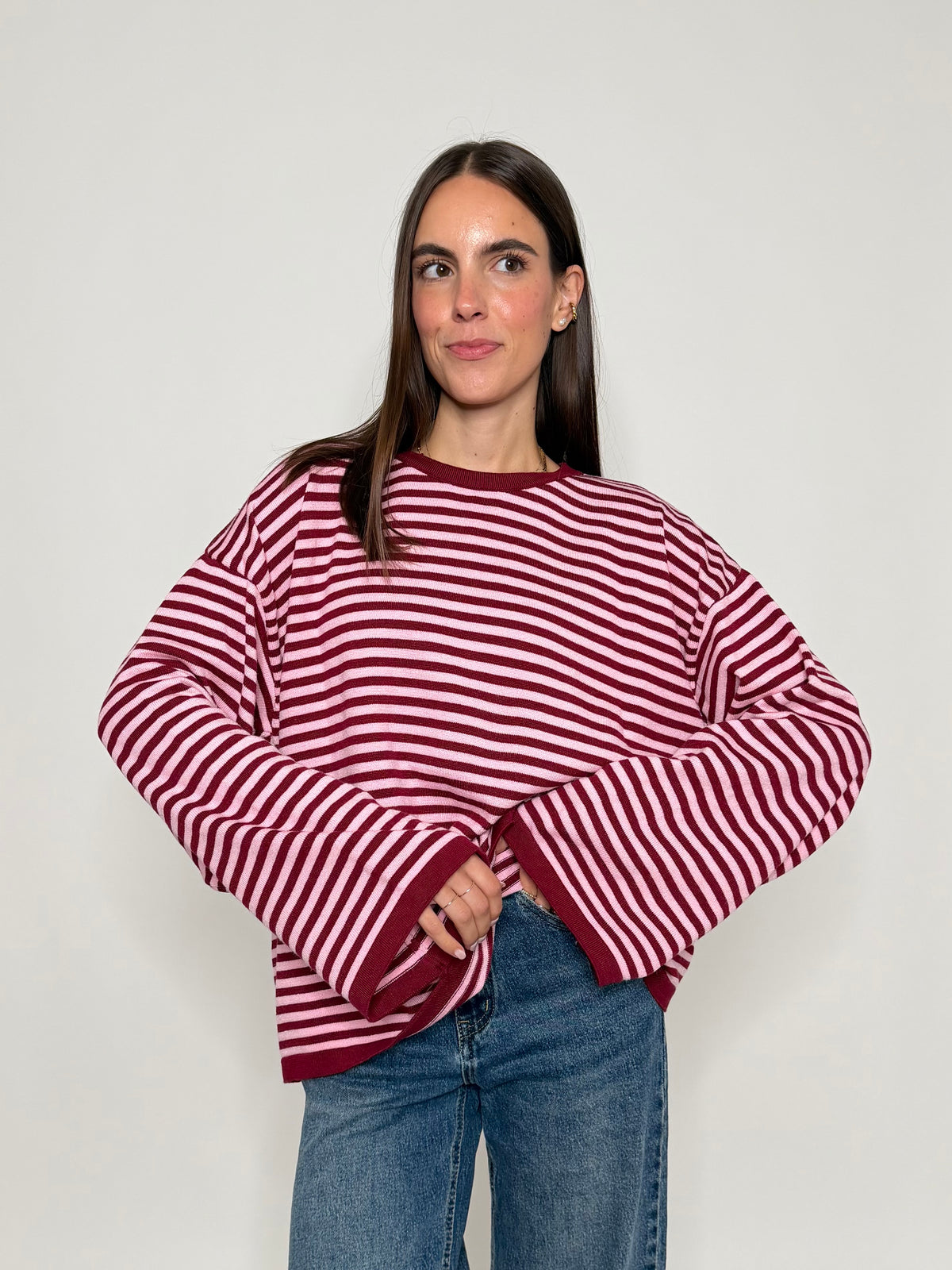 Maglia mille righe in morbida viscosa manica lunga ampia rosa india