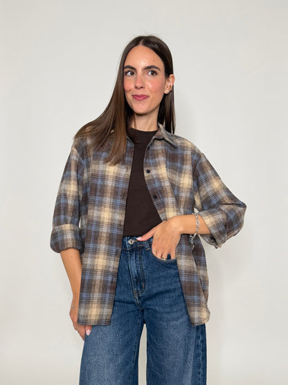 Camicia check vienna in cotone ciocco/azzurro polvere