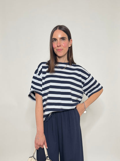 T-shirt a righe bicolor con crochet Blu