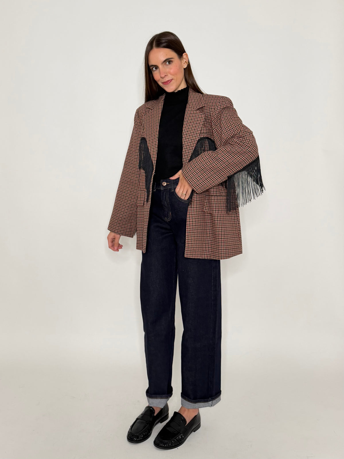 Giacca pied de poule bordeaux con frange