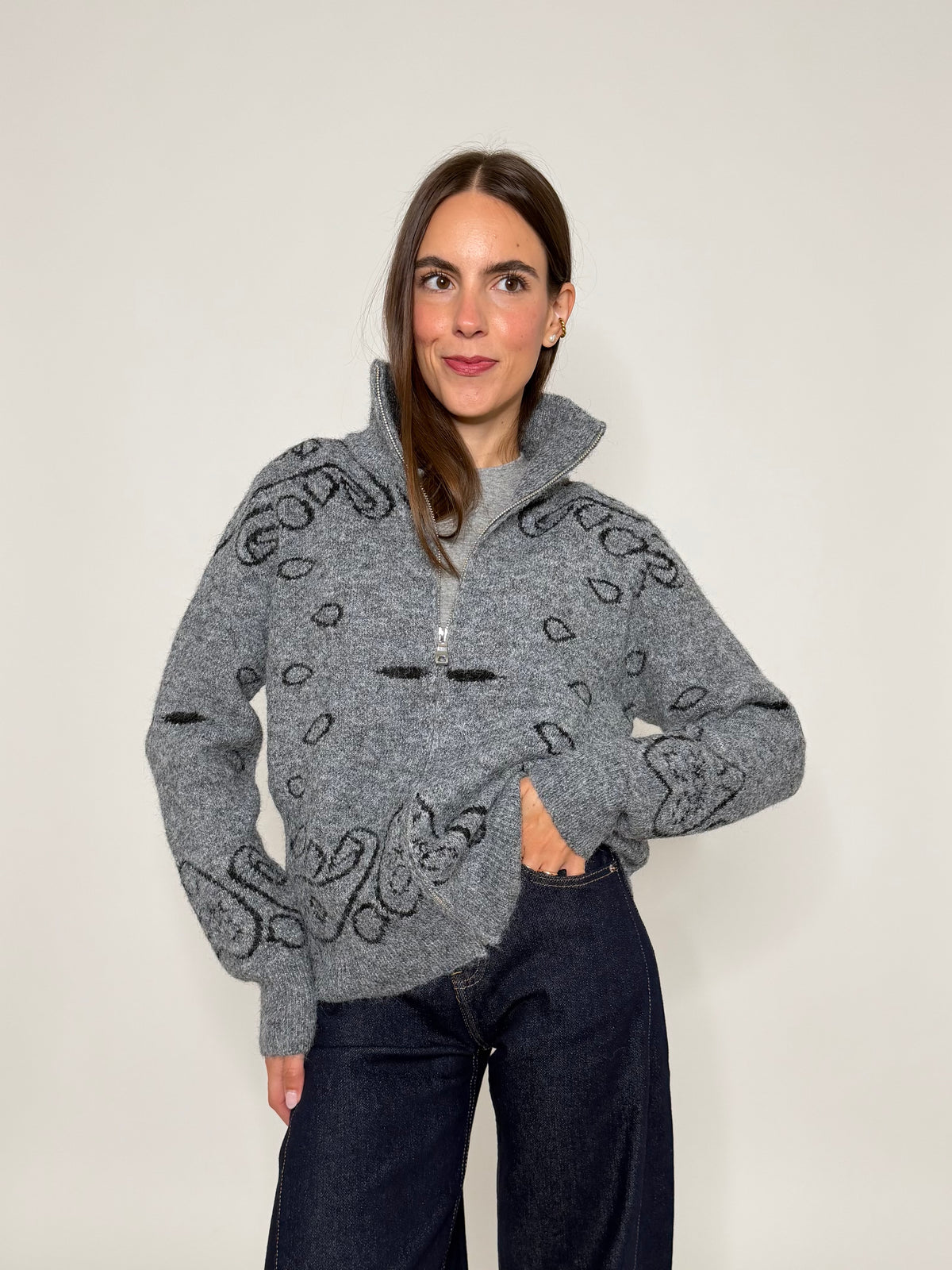Cardigan con zip Bandana misto lana Grigio