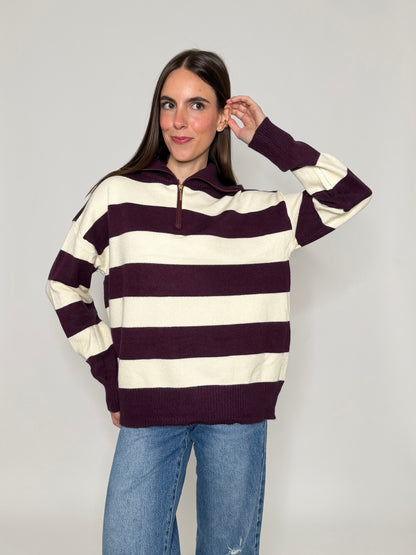 Maglione mezza zip collo alto a righe in morbida viscosa burgundy/panna