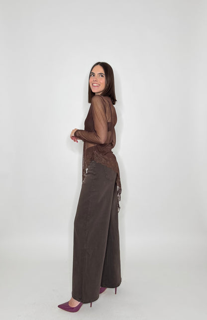 Maglia tulle e pizzo asimmetrica Cioccolato