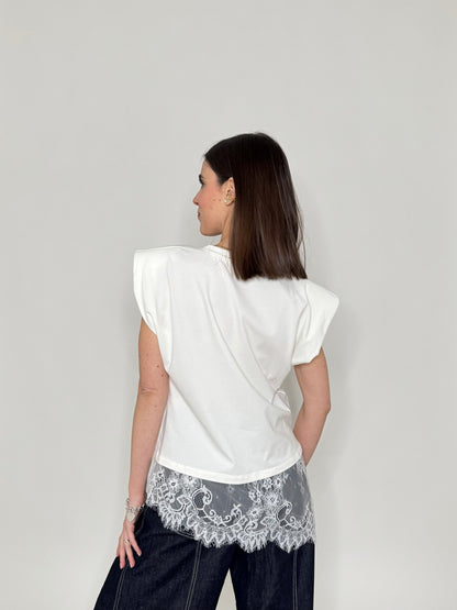 Maglia in cotone con spalle imbottite e pizzo Bianco