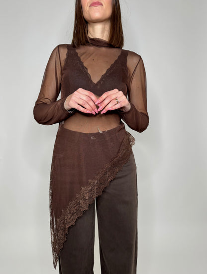 Maglia tulle e pizzo asimmetrica Cioccolato