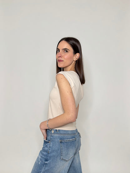 T-shirt scollo quadrato in cotone Beige