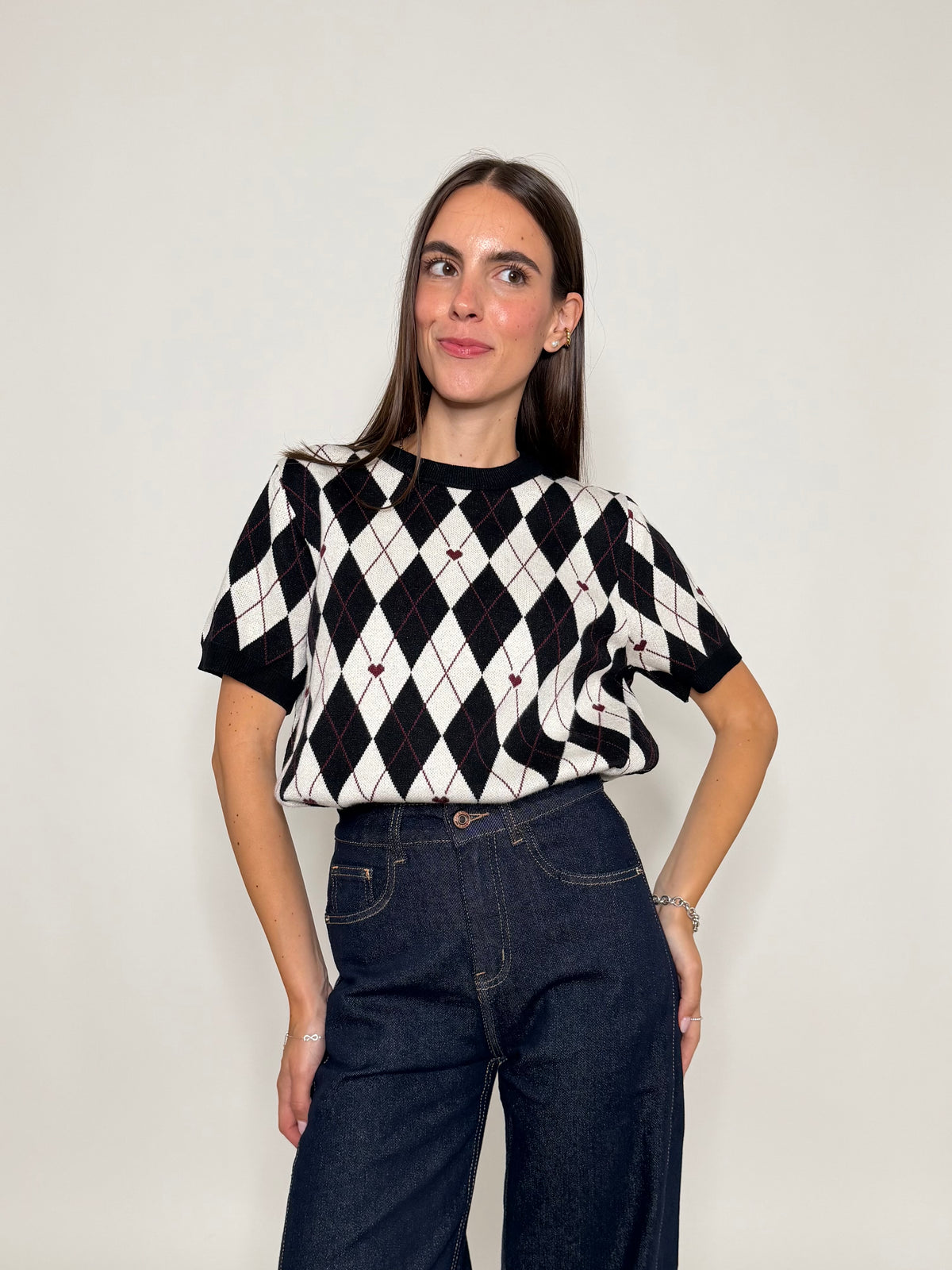 Maglia in viscosa a rombi nero/bianco