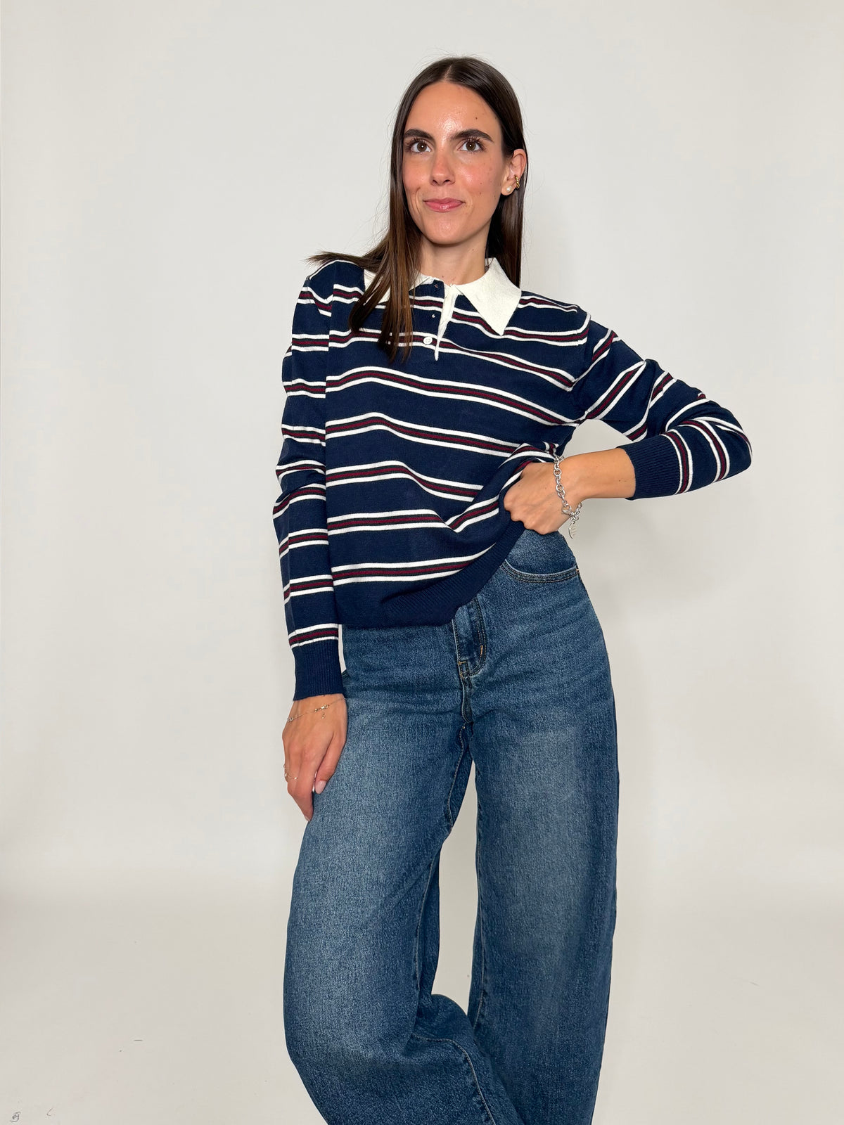 Polo a righe in viscosa blu navy/panna