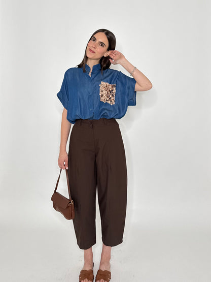 Camicia in chambray con taschino pailletes