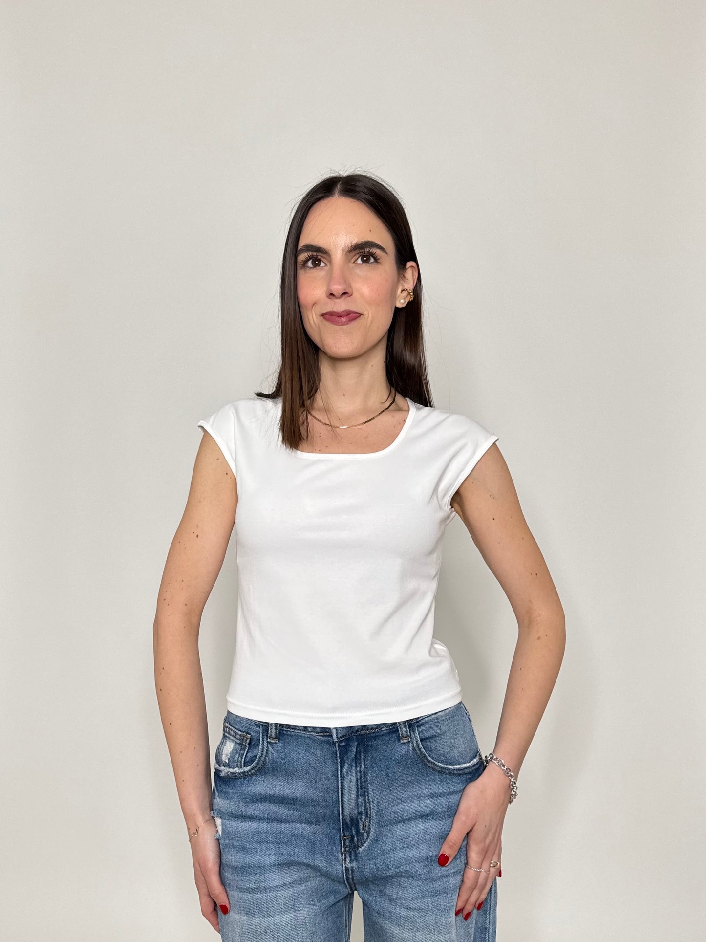 T-shirt scollo quadrato in cotone Bianco