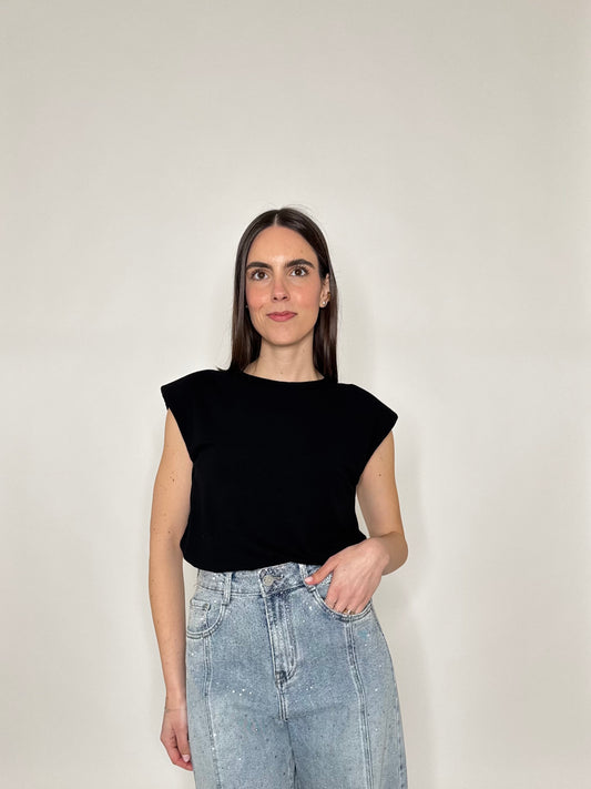 Maglia con spalline imbottite in cotone Nero