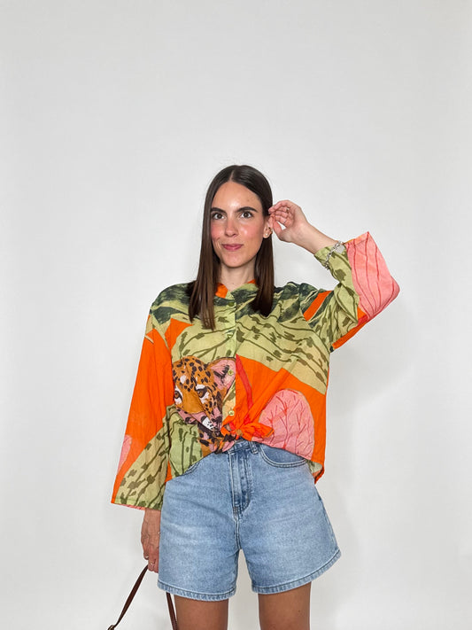 Camicia coreana in mussola di cotone giungla tigre