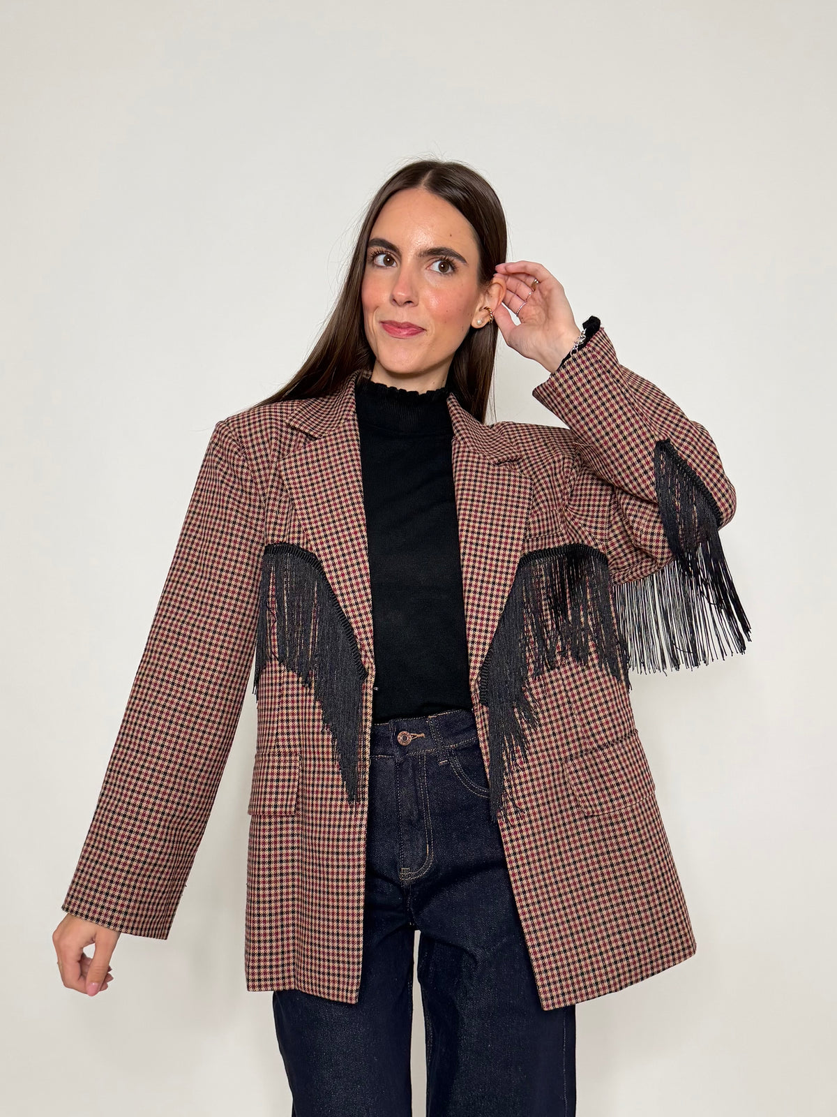 Giacca pied de poule bordeaux con frange