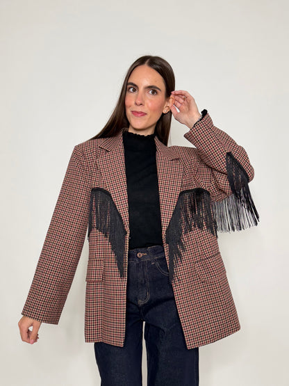 Giacca pied de poule bordeaux con frange