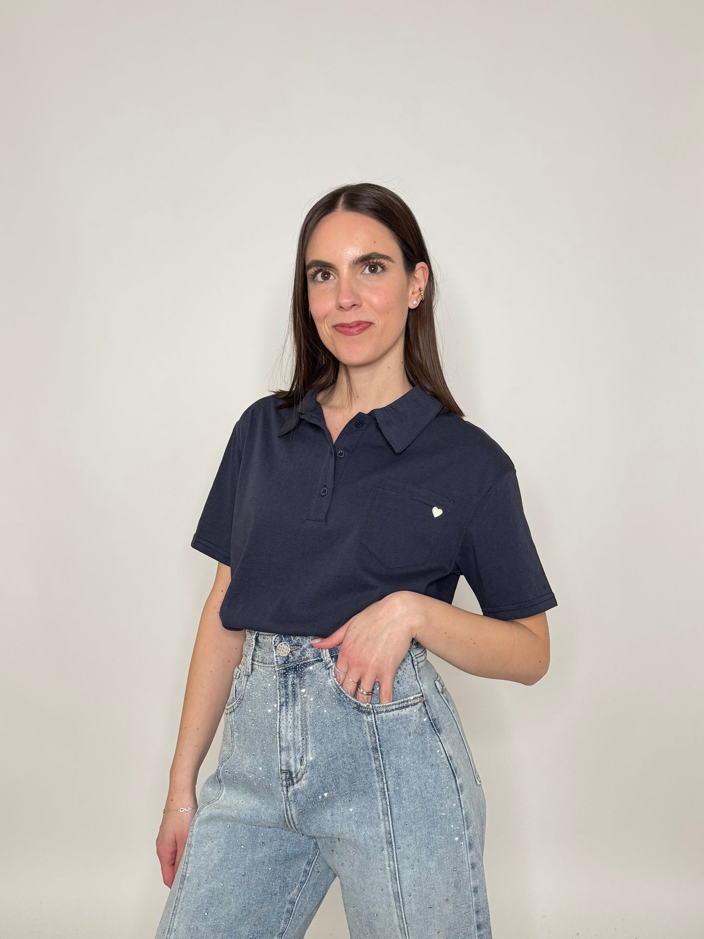 Polo basic light cotton con taschino e cuore Blu Navy