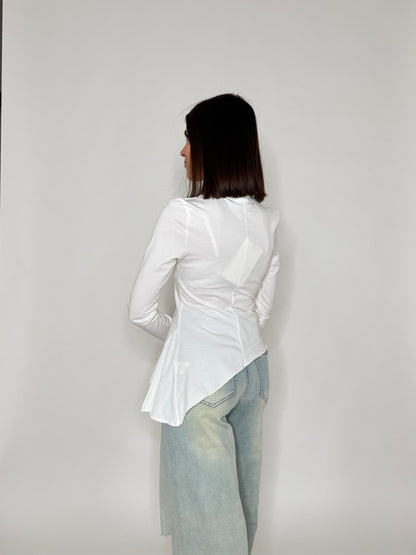 Maglia girocollo in cotone asimmetrica Bianco - Lumina