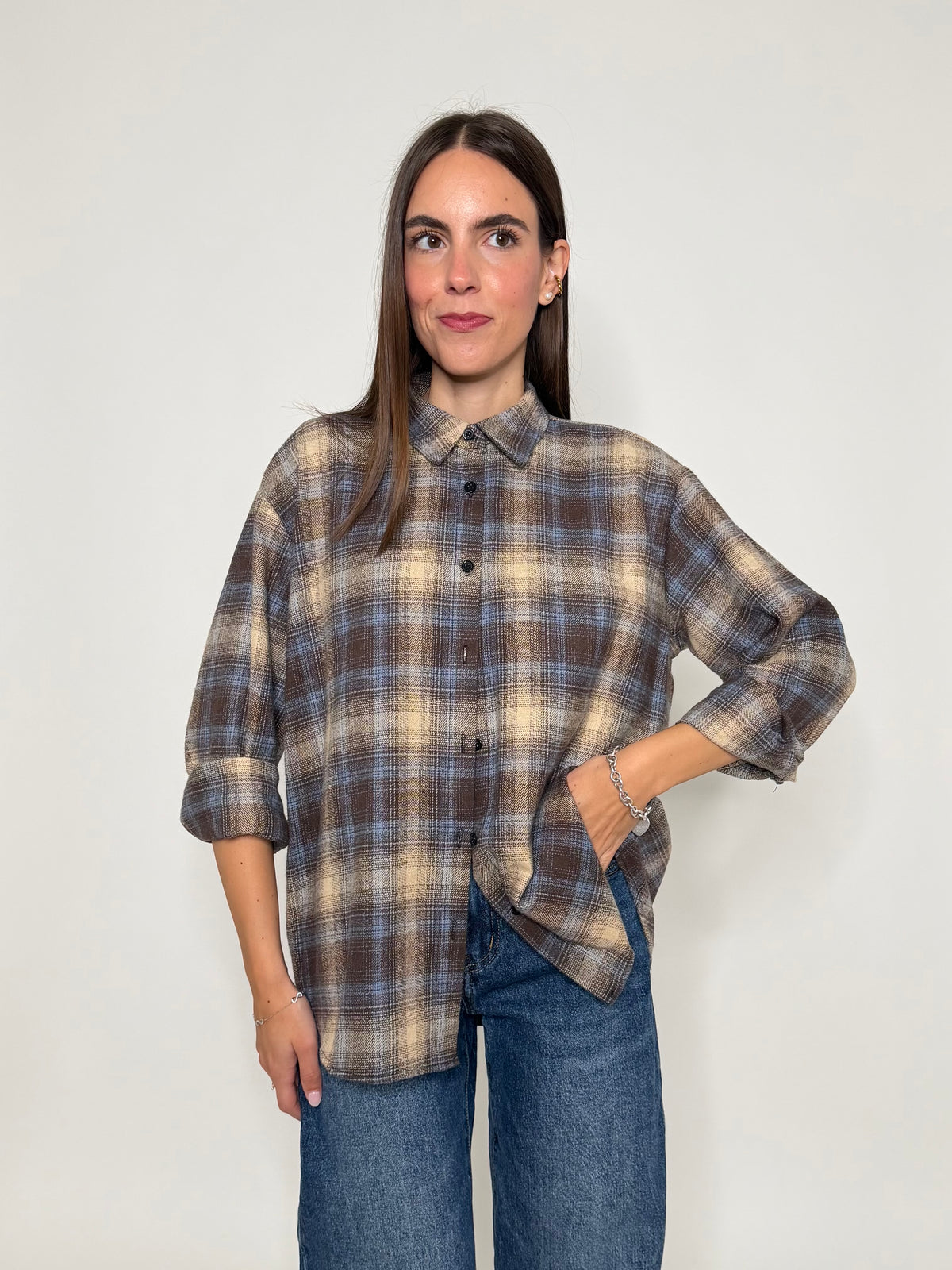 Camicia check vienna in cotone ciocco/azzurro polvere