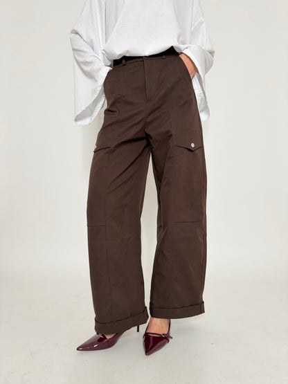 Pantalone cargo wide leg cioccolato