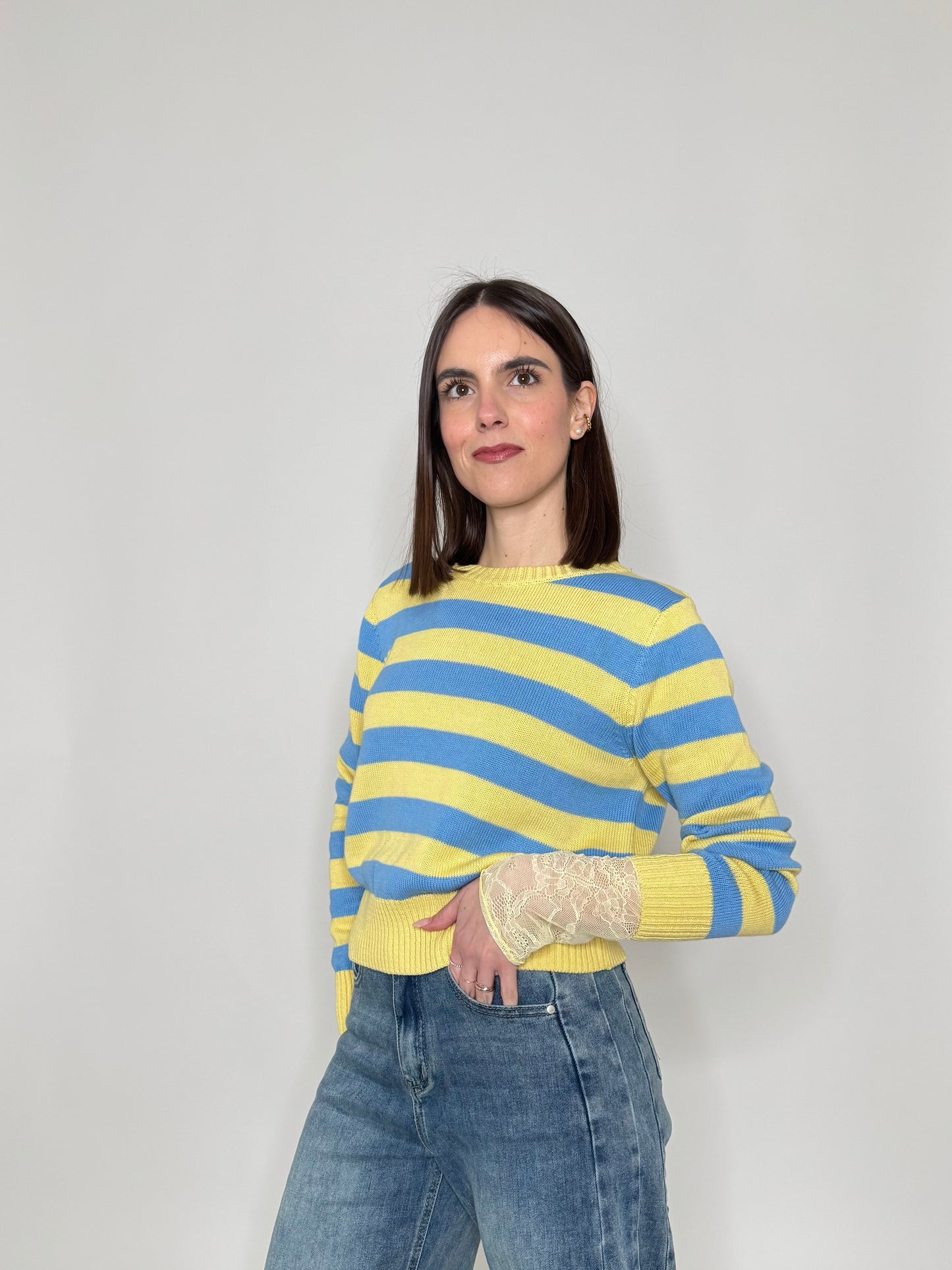 Maglia girocollo a righe in 100% cotone Giallo/jeans