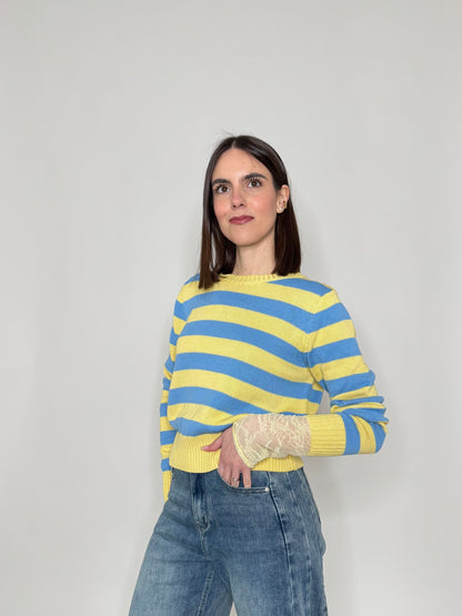 Maglia girocollo a righe in 100% cotone Giallo/jeans