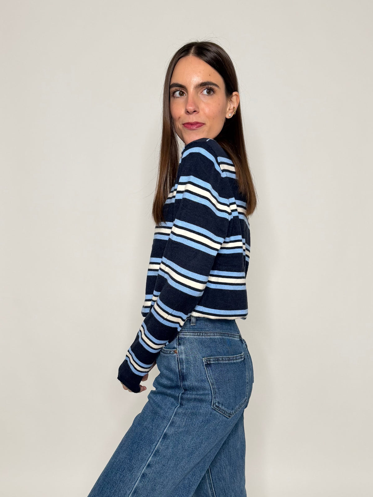 Polo a righe in morbida viscosa blu Navy/celeste