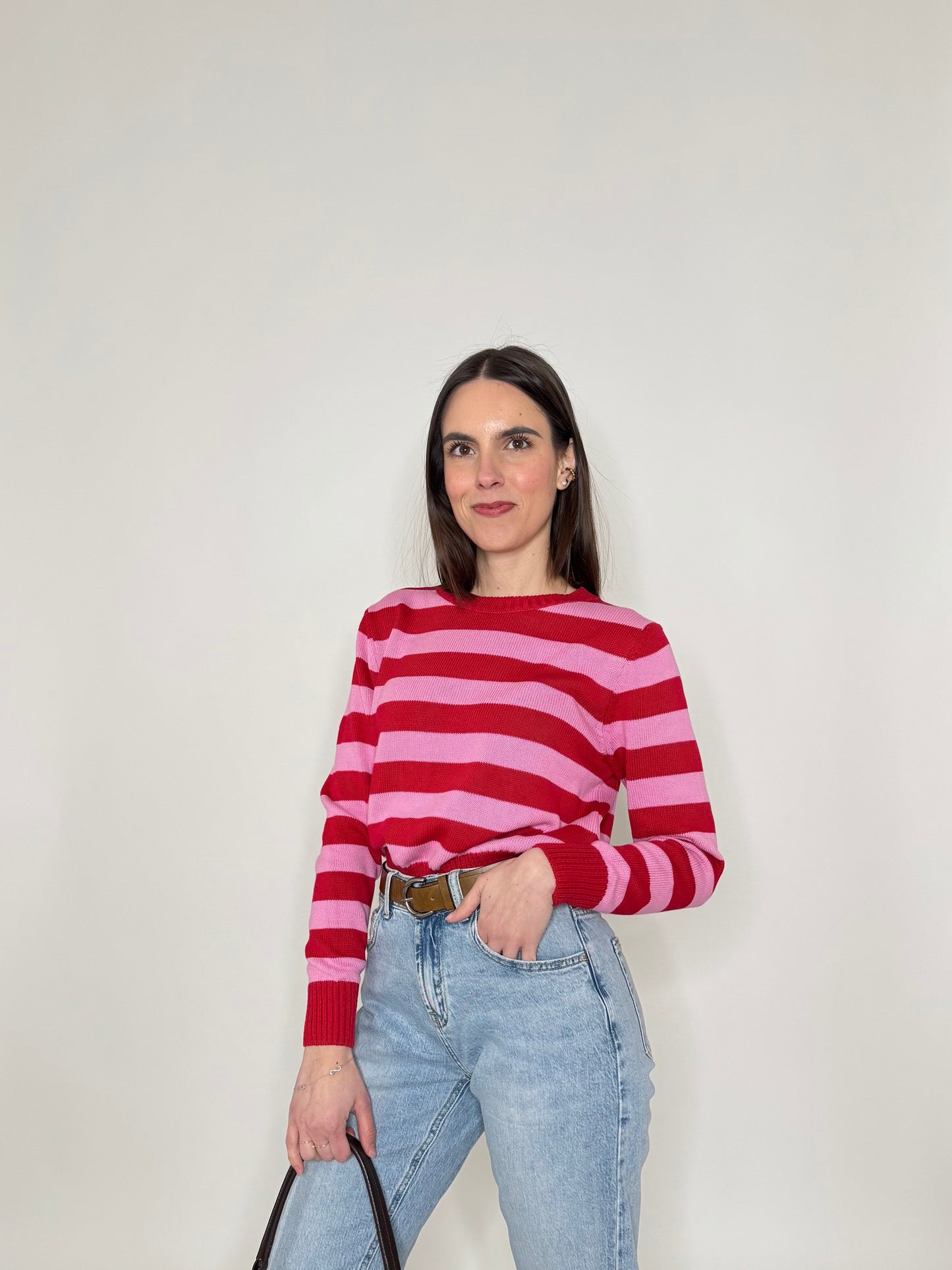 Maglia girocollo a righe in 100% cotone Fragola/Confetto