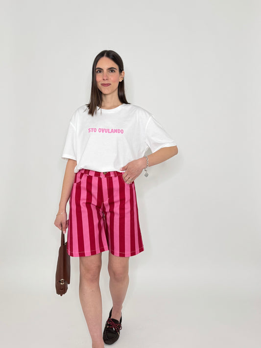 Bermuda di denim a righe in cotone Fragola/Confetto