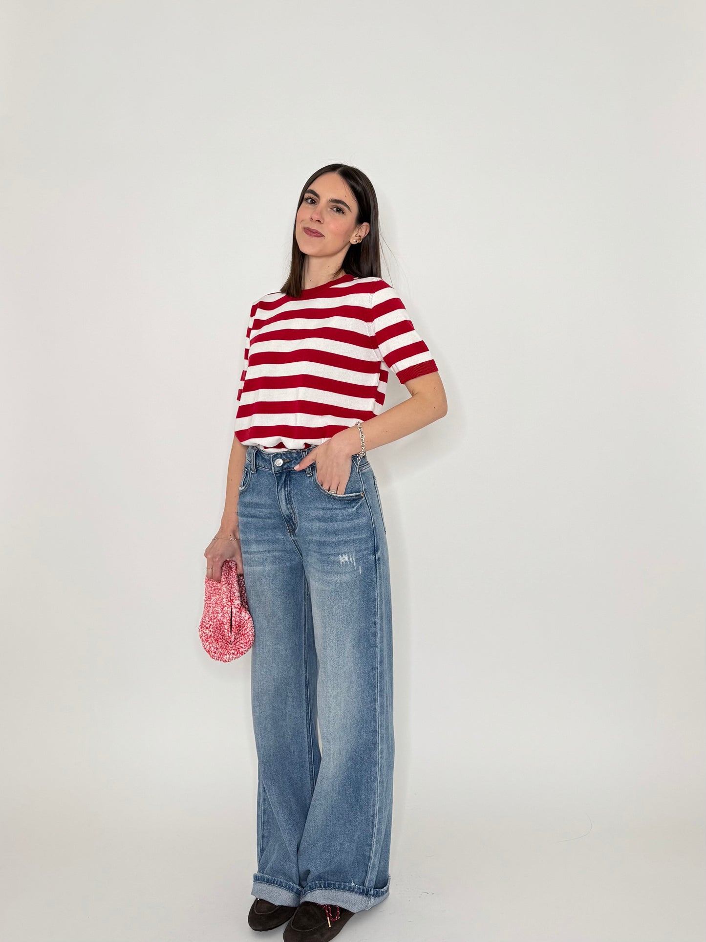 Maglia girocollo a righe manica corta in 100% cotone Rosso/Panna