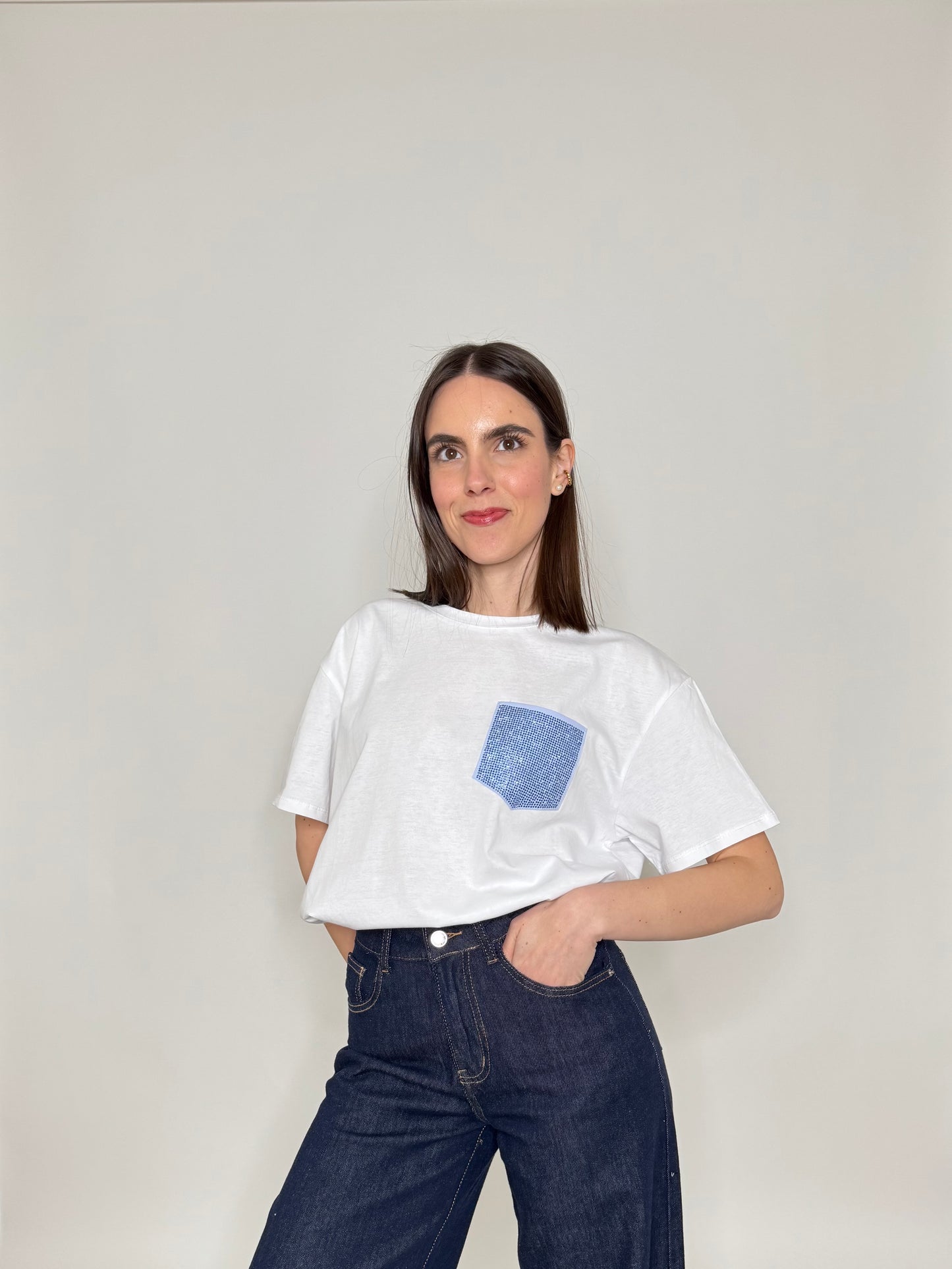 T-shirt in cotone tasca brillantini Azzurro