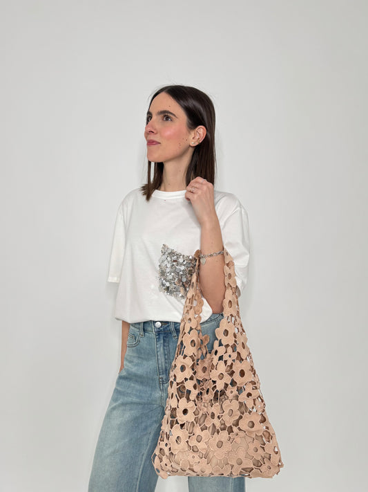 Tote bag effetto macramè floreale Ecrù