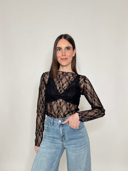 Maglia pizzo in misto cotone viscosa spring/summer Nero