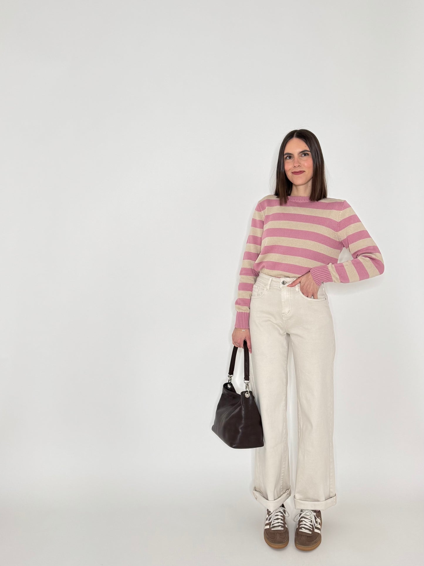 Maglia girocollo a righe in 100% cotone Rosa/beige