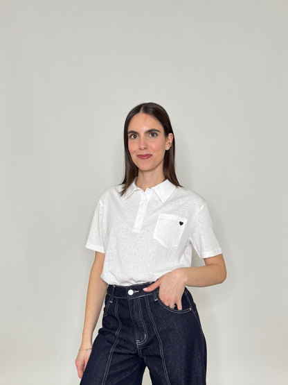 Polo basic light cotton con taschino e cuore Bianco