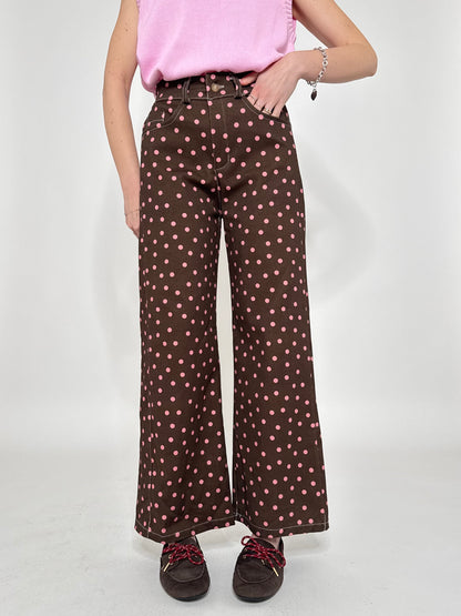 Jeans cinque tasche a pois modello wide leg Cioccolato/Rosa