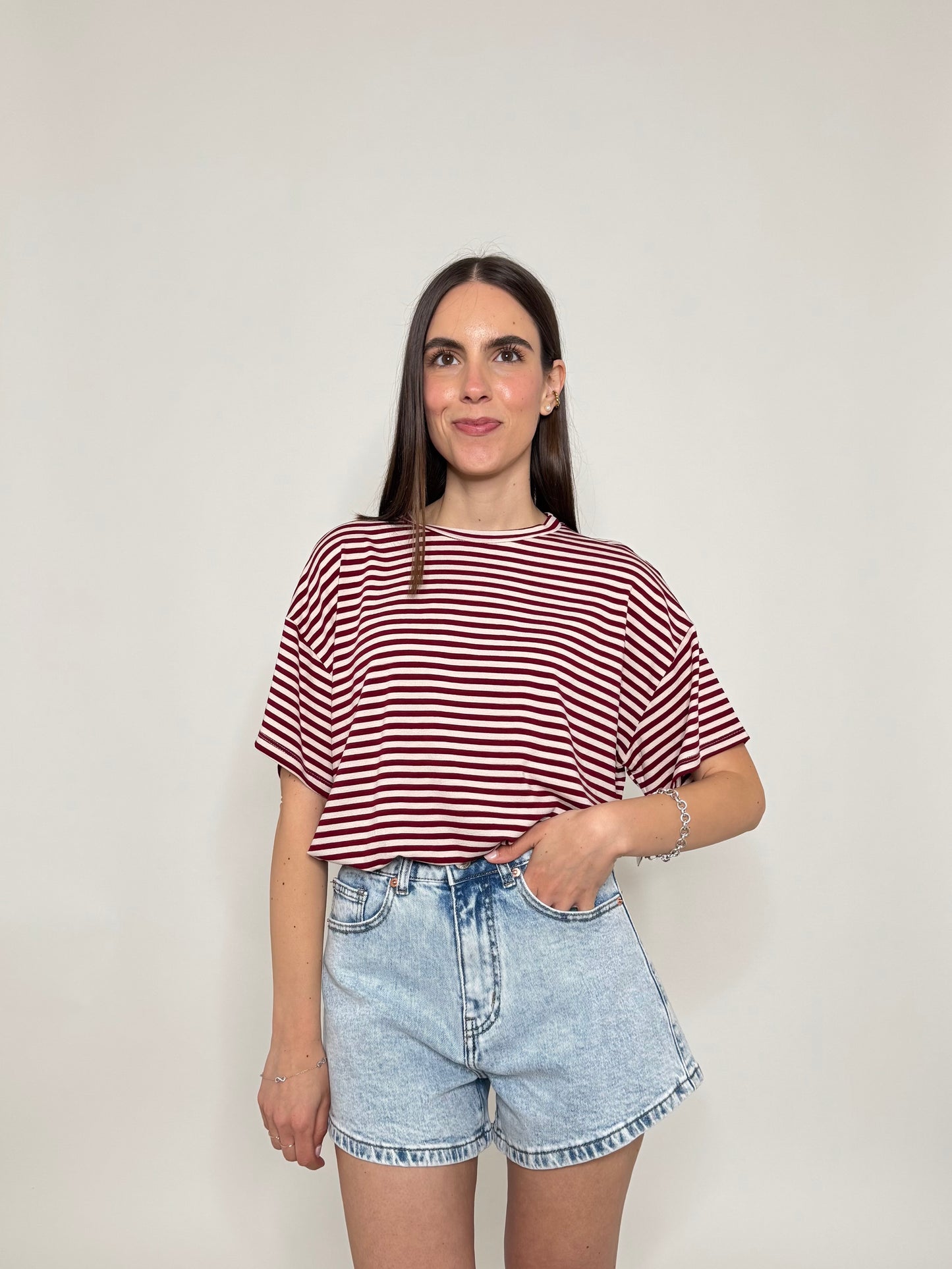 T-shirt a righe in jersey di viscosa Bordeaux/Panna